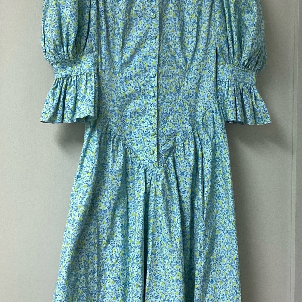 Vintage Look Dress Size XS Cotton Green Floral Drop Waist Prairie Country Button